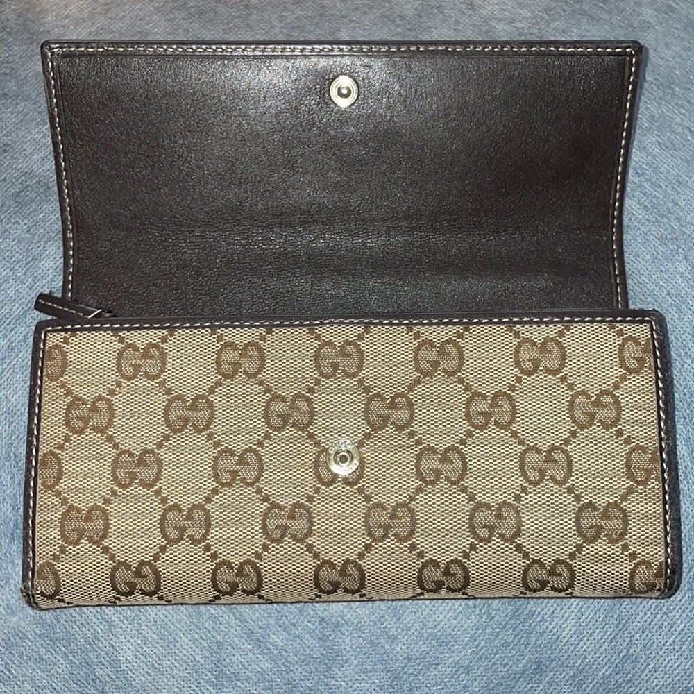 GUCCI HEART SIGNATURE JACQUARD GG BROWN LEATHER TRIM WALLET - Picture 3 of 12